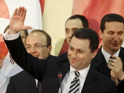 Macedonian Prime Minister and leader of ruling party VMRO-DPMNE Nikola Gruevski celebrates his victory in the early parliamentary elections in Skopje June 5, 2011. The VMRO-DPMNE claimed victory in Sunday's early parliamentary elections but will probably have to seek coalition partners to form a stable government. REUTERS/Ognen Teofilovski (MACEDONIA - Tags: ELECTIONS POLITICS)