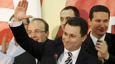 Macedonian Prime Minister and leader of ruling party VMRO-DPMNE Nikola Gruevski celebrates his victory in the early parliamentary elections in Skopje June 5, 2011. The VMRO-DPMNE claimed victory in Sunday's early parliamentary elections but will probably have to seek coalition partners to form a stable government. REUTERS/Ognen Teofilovski (MACEDONIA - Tags: ELECTIONS POLITICS)