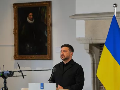 Ukraine's President Volodymyr Zelenskyy speaks next to a drone after he received the International Four Freedoms Award, in Middelburg, Netherlands, Thursday, April 16, 2026. (AP Photo/Peter Dejong)