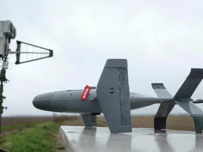 An AS3 interceptor unmanned aerial vehicle and controlling antenna, part of a modular American-made AI-powered, counter-drone system MEROPS, during a training of Ukrainian service members in an undisclosed location, amid Russia's attack on Ukraine, April 10, 2026. REUTERS/Valentyn Ogirenko
