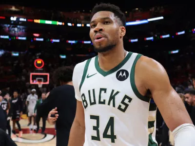 Mar 12, 2026; Miami, Florida, USA; Milwaukee Bucks forward Giannis Antetokounmpo (34) looks on after the game against the Miami Heat at Kaseya Center. Mandatory Credit: Sam Navarro-Imagn Images