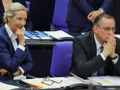 Alternative for Germany (AfD) co-leaders Alice Weidel and Tino Chrupalla attend a plenum session of the lower house of parliament, the Bundestag, in Berlin, Germany, April 16, 2026. REUTERS/Fabrizio Bensch