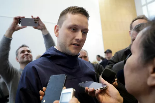 Leader of the Democrats (Demokraatit) party and Greenland's Prime Minister-elect Jens-Frederik Nielsen speaks to the media in Nuuk, Greenland, March 28, 2025. REUTERS/Leonhard Foeger
