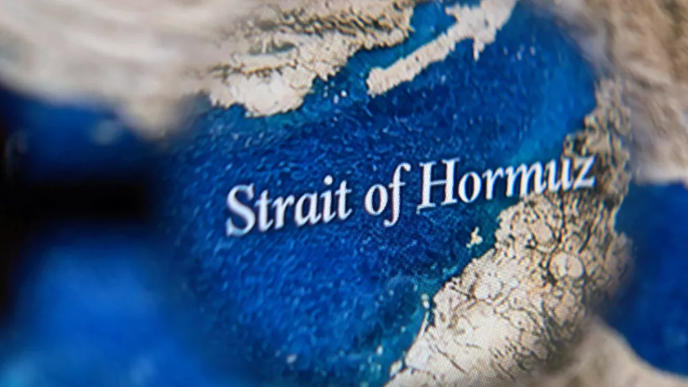FILE PHOTO: Strait of Hormuz map is seen in this illustration taken April 15, 2026. REUTERS/Dado Ruvic/Illustration/File Photo
