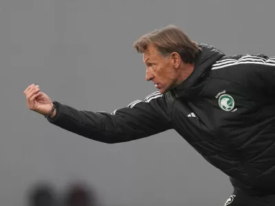 FILE - Saudi Arabia's head coach Herve Renard gestures during the international friendly soccer match between Serbia and Saudi Arabia in Backa Topola, Serbia, Tuesday, March 31, 2026. (AP Photo/Darko Vojinovic, File)