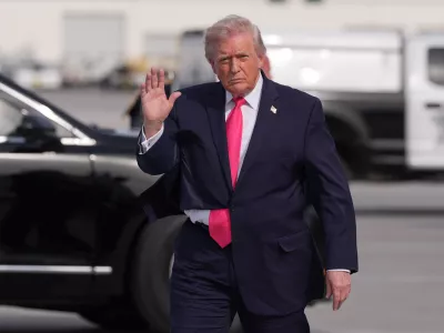 President Donald Trump arrives on Air Force One, Thursday, April 16, 2026, at Harry Reid International Airport in Las Vegas. (AP Photo/Alex Brandon)