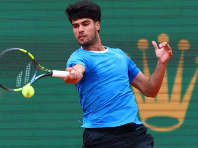 FILE PHOTO: Tennis - ATP Masters 1000 - Monte Carlo Masters - Monte Carlo Country Club, Roquebrune-Cap-Martin, France - April 12, 2026 Spain's Carlos Alcaraz in action during his final match against Italy's Jannik Sinner REUTERS/Manon Cruz/File Photo