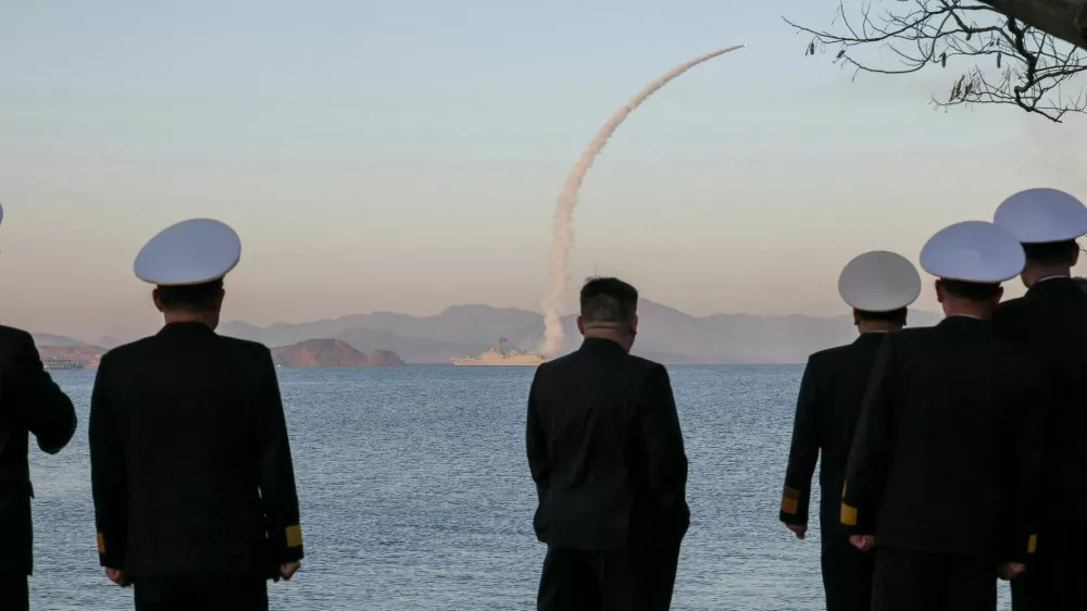 North Korean leader Kim Jong Un observes as strategic cruise missiles and anti-warship missiles are test-fired from the destroyer Choe Hyon, North Korea, April 12, 2026, in this photo released by North Korea's Korean Central News Agency (KCNA), April 14, 2026. KCNA via REUTERS ATTENTION EDITORS - THIS IMAGE WAS PROVIDED BY A THIRD PARTY. REUTERS IS UNABLE TO INDEPENDENTLY VERIFY THIS IMAGE. NO THIRD PARTY SALES. SOUTH KOREA OUT. NO COMMERCIAL OR EDITORIAL SALES IN SOUTH KOREA.