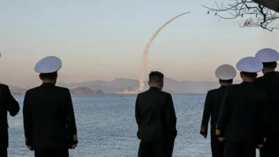 North Korean leader Kim Jong Un observes as strategic cruise missiles and anti-warship missiles are test-fired from the destroyer Choe Hyon, North Korea, April 12, 2026, in this photo released by North Korea's Korean Central News Agency (KCNA), April 14, 2026. KCNA via REUTERS ATTENTION EDITORS - THIS IMAGE WAS PROVIDED BY A THIRD PARTY. REUTERS IS UNABLE TO INDEPENDENTLY VERIFY THIS IMAGE. NO THIRD PARTY SALES. SOUTH KOREA OUT. NO COMMERCIAL OR EDITORIAL SALES IN SOUTH KOREA.