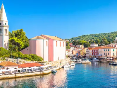 Town of Veli Losinj harbor colorful panoramic view, Island of Losinj, archipelago of Croatia