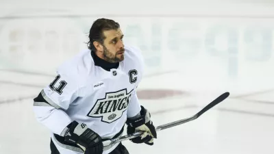 Apr 16, 2026; Calgary, Alberta, CAN; Los Angeles Kings center Anze Kopitar (11) skates during the warmup period against the Calgary Flames at Scotiabank Saddledome. Mandatory Credit: Sergei Belski-Imagn Images