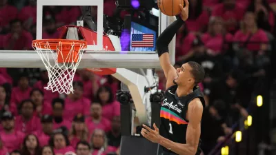 Apr 19, 2026; San Antonio, Texas, USA; San Antonio Spurs forward Victor Wembanyama (1) goes up to dunk during the second half of game one of the first round of the 2026 NBA Playoffs against the Portland Trail Blazers at Frost Bank Center. Mandatory Credit: Scott Wachter-Imagn Images