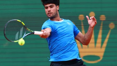 FILE PHOTO: Tennis - ATP Masters 1000 - Monte Carlo Masters - Monte Carlo Country Club, Roquebrune-Cap-Martin, France - April 12, 2026 Spain's Carlos Alcaraz in action during his final match against Italy's Jannik Sinner REUTERS/Manon Cruz/File Photo