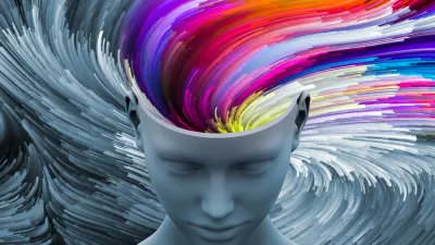 Brain Swirl. 3D illustration of human head with color motion trails for subjects on art, psychology, creativity, imagination and dreams.