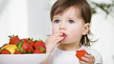 a little girl eating strawberries