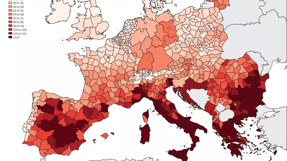 Spremembe v umrljivosti zaradi vročine, izražena kot povečanje &scaron;tevila letnih smrti na milijon prebivalcev v Evropi, pri čemer so primerjali obdobji 1991&ndash;2000 in 2015&ndash;2024. / Foto: Lancet Countdown Europe Report 2026