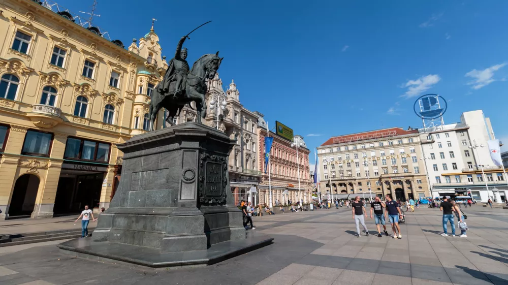 Zagreb, Сroatia - May 7, 2016: Ban Jelacic monument on central city square (Trg bana Jelacica) in Zagreb, Croatia. The oldest standing building here was built in 1827