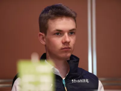 - Jakob Omrzel (Bahranin Victorious), kolesar,- 14.04.2026. - Tiskovna konferenca s predstavitvijo Dirke po Sloveniji 2026.//FOTO: Bojan Velikonja