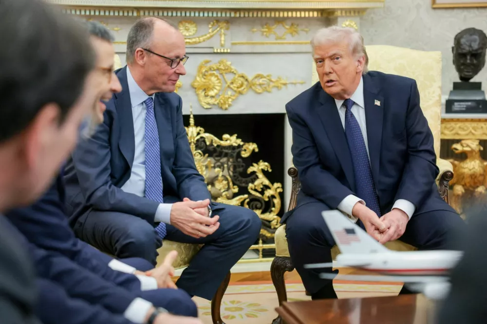 U.S. President Donald Trump and German Chancellor Friedrich Merz meet in the Oval Office at the White House in Washington, D.C., U.S., March 3, 2026. REUTERS/Jonathan Ernst