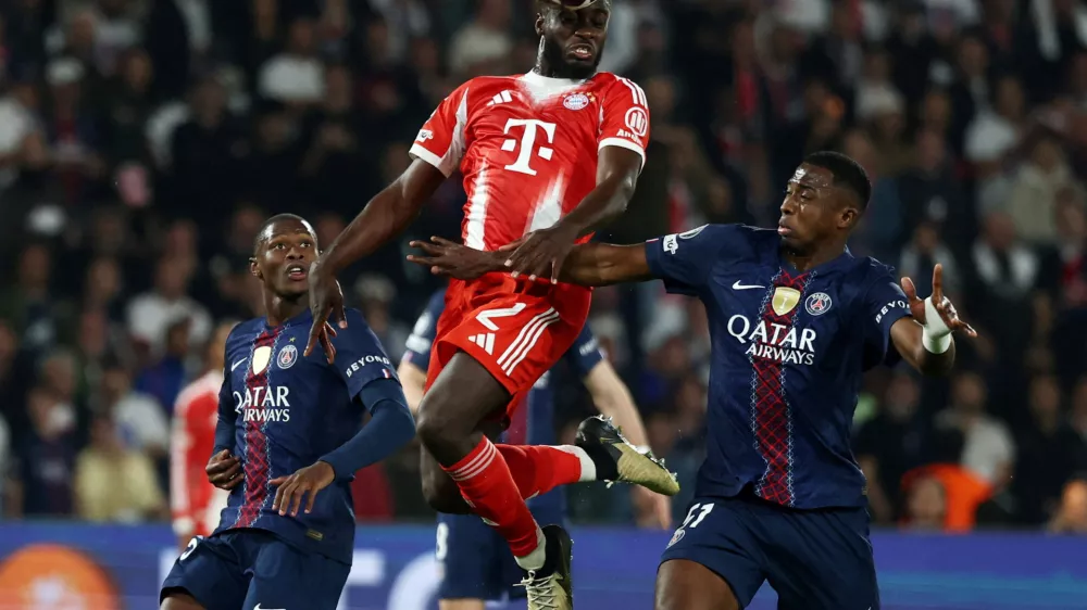 Soccer Football - UEFA Champions League - Semi Final - First Leg - Paris St Germain v Bayern Munich - Parc des Princes, Paris, France - April 28, 2026 Bayern Munich's Dayot Upamecano scores their third goal REUTERS/Gonzalo Fuentes   TPX IMAGES OF THE DAY