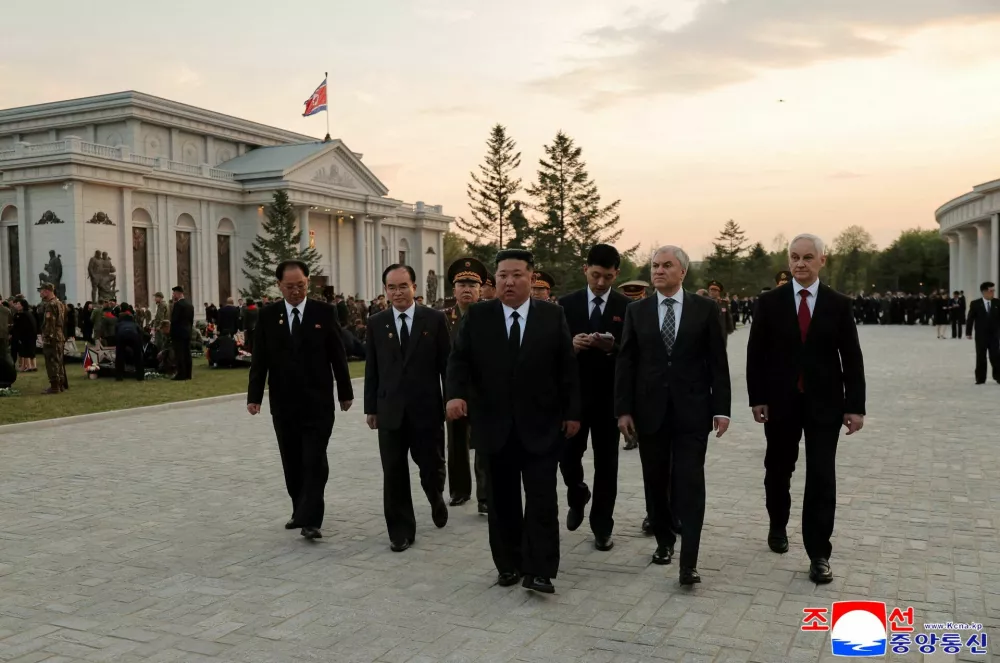 North Korean leader Kim Jong Un walks with Russia's Defence Minister Andrey Belousov and Russia's State Duma Chairman Vyacheslav Volodin during the opening ceremony of the Memorial Museum of Combat Feats at the Overseas Military Operations honouring North Korean troops killed while fighting for Russia in the war against Ukraine, in Pyongyang, North Korea, April 26, 2026,in this picture released by North Korea's official Korean Central News Agency. KCNA via REUTERS  ATTENTION EDITORS - THIS IMAGE WAS PROVIDED BY A THIRD PARTY. REUTERS IS UNABLE TO INDEPENDENTLY VERIFY THIS IMAGE. NO THIRD PARTY SALES. SOUTH KOREA OUT. NO COMMERCIAL OR EDITORIAL SALES IN SOUTH KOREA.