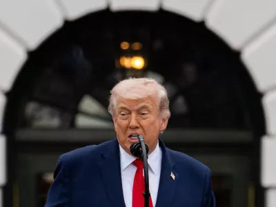 President Donald Trump speaks during a State Visit arrival ceremony for Britain's King Charles III and Queen Camilla on the South Lawn of the White House, Tuesday, April 28, 2026, in Washington. (AP Photo/Alex Brandon)