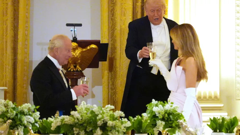 President Donald Trump toasts during a State Dinner with Britain's King Charles III, Queen Camilla and first lady Melania Trump in the East Room of the White House State Dinner Tuesday, April 28, 2026, in Washington. (AP Photo/Alex Brandon)