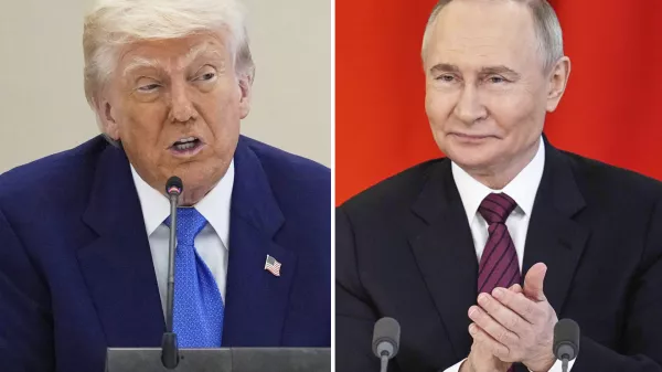 FILE - This combination photo shows U.S. President Donald Trump in a business roundtable in Abu Dhabi, United Arab Emirates, May 16, 2025, left, and Russian President Vladimir Putin at a signing ceremony at the Kremlin in Moscow, May 10, 2025. (AP Photo, Files)