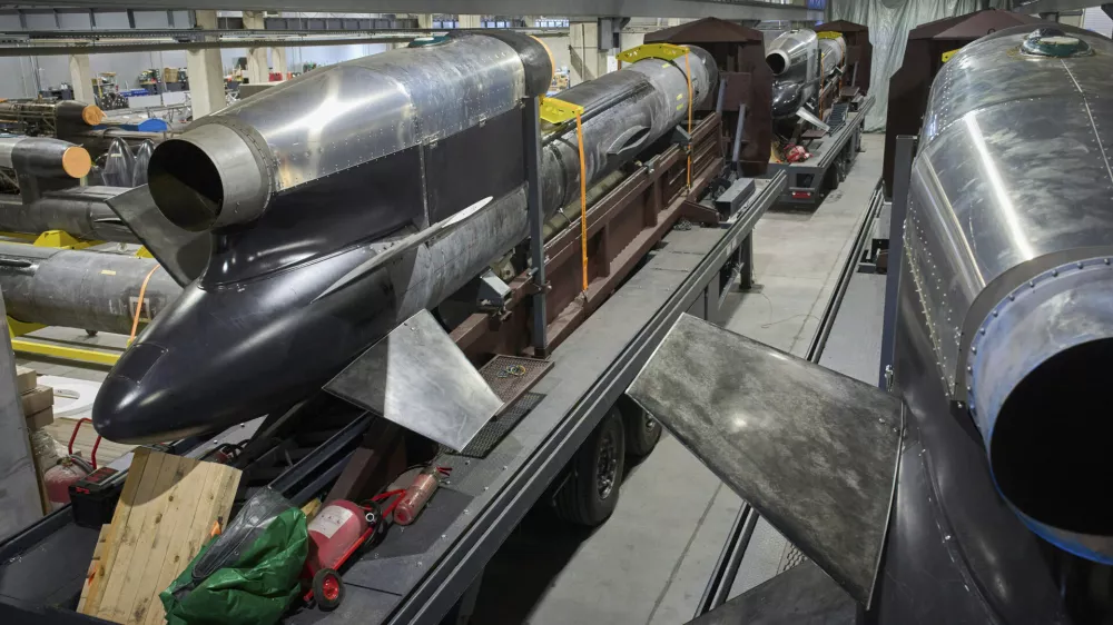 Flamingo missiles are seen at Fire Point's secret factory in Ukraine on Monday, Aug. 18, 2025. (AP Photo/Efrem Lukatsky)