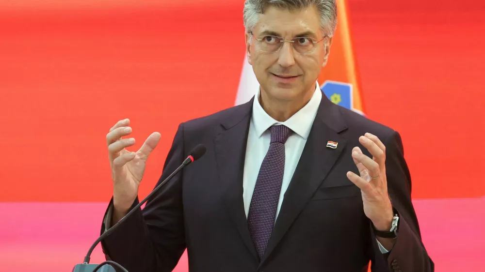 Croatian Prime Minister Andrej Plenkovic speaks during a press conference with Prime Minister of North Macedonia, Hristijan Mickoski (not pictured), in Ohrid, North Macedonia, May 26, 2026. REUTERS/Ognen Teofilovski