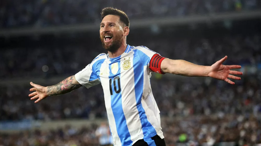FILE PHOTO: Soccer Football - World Cup - South American Qualifiers - Argentina v Bolivia - Estadio Mas Monumental, Buenos Aires, Argentina - October 15, 2024 Argentina's Lionel Messi celebrates scoring their first goal REUTERS/Matias Baglietto/File Photo