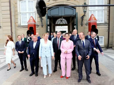 Lars Loekke Rasmussen, Mette Frederiksen, Pia Olsen Dyhr and Martin Lidegaard after presenting a new government to the king at Amalienborg Castle in Copenhagen, Wednesday, June 3, 2026. Ritzau Scanpix/Sebastian Elias Uth via REUTERS  ATTENTION EDITORS - THIS IMAGE WAS PROVIDED BY A THIRD PARTY. DENMARK OUT. NO COMMERCIAL OR EDITORIAL SALES IN DENMARK.