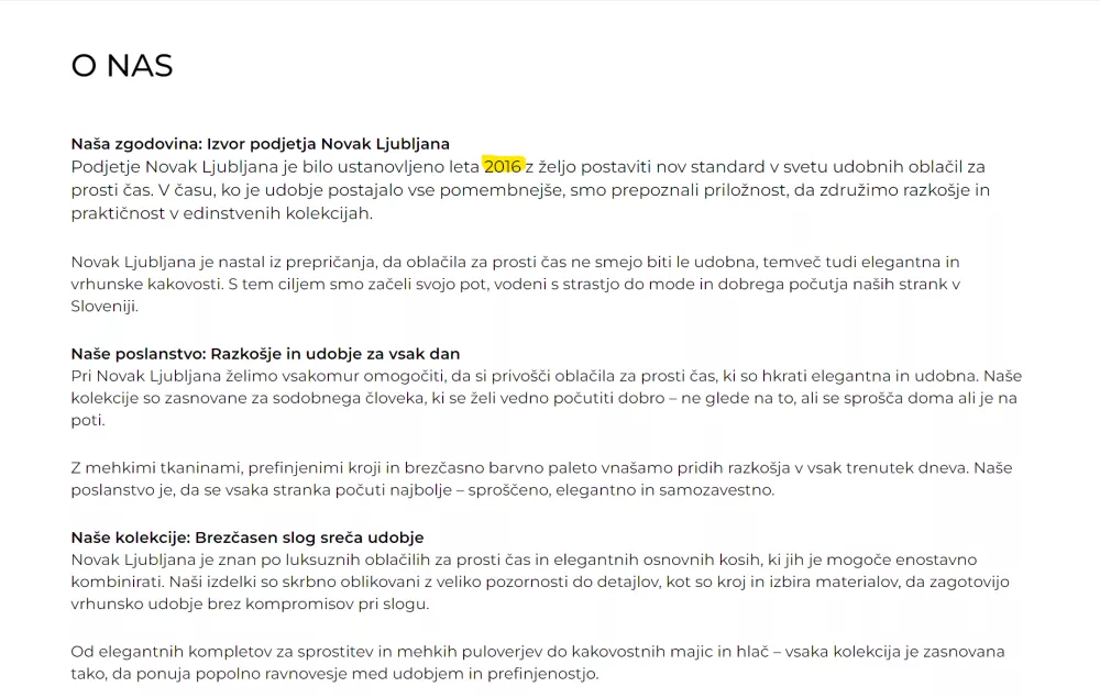 Eden od znakov, da gre za lažno spletno stran, so tudi različne ali med seboj neskladne informacije, ki so&nbsp; navedene na strani. V primer&nbsp;&raquo;ljubljanske&laquo; trgovine, gre za letnico nastanka, ki je na enem mestu postavljena v leto 2003, na drugem v leto 2016. / Foto: posnetek zaslona