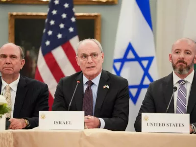 Israeli Ambassador to the U.S. Yechiel Leiter speaks next to State Department Chief of Staff Daniel Holler during a meeting between Israeli and Lebanese delegations hosted by the United States, after the Trump administration said Israel and Lebanon agreed to implement a ceasefire to end hostilities, at the State Department in Washington, D.C., U.S., June 3, 2026. REUTERS/Nathan Howard