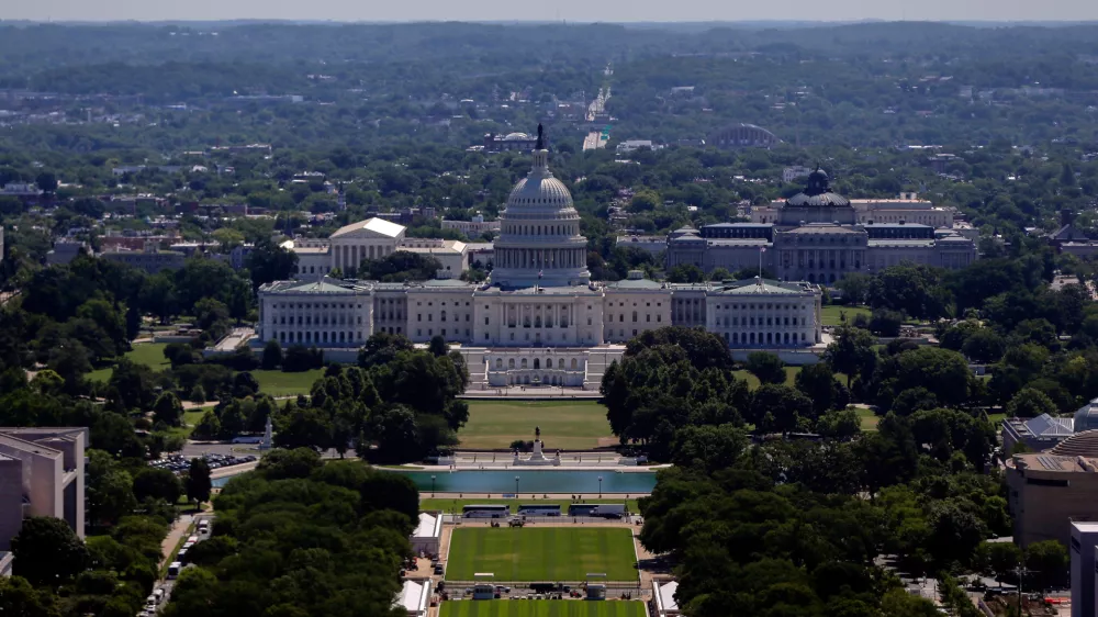 The U.S. Capitol and National Mall are seen as the set up for the America 250 celebration continues, Wednesday, June 3 2026, in Washington. (AP Photo/Rahmat Gul)