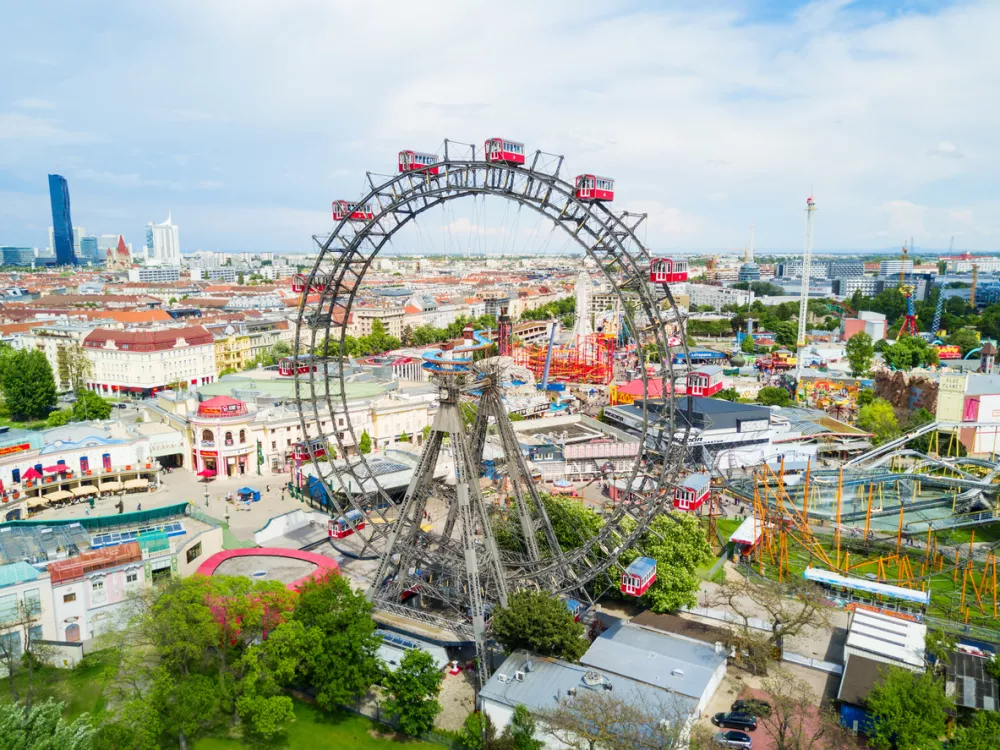 VIENNA, AUSTRIA - MAY 13, 2017: The Wurstelprater or Wurstel Prater aerial panoramic view. Wurstelprater is an amusement park and section of the Wiener Prater in Vienna, Austria.