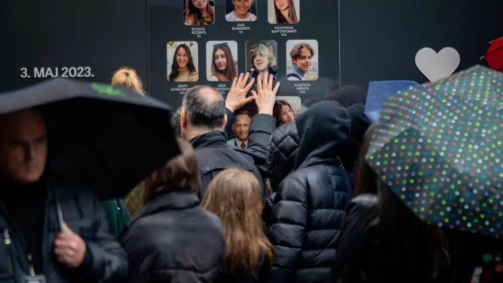 People are paying tribute to the victims of the Vladislav Ribnikar primary school shooting in Belgrade, Serbia, on May 3, 2024. (Photo by Uros Arsic/NurPhoto)NO USE FRANCE