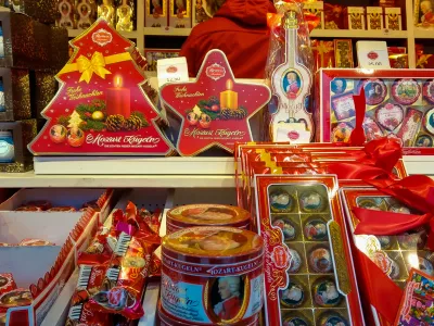 SALZBURG, AUSTRIA - DECEMBER 9, 2018: Traditional Austrian chocolates called Mozartkugeln (chocolate balls) at the famous christmas market of Salzburg