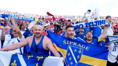 Bosnia fans cheer before the World Cup Group B soccer match between Canada and Bosnia, Friday, June 12, 2026, in Toronto. (Chris Young/The Canadian Press via AP)