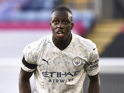 FILE - In this file photo dated Saturday, April 3, 2021, Manchester City's Benjamin Mendy during the English Premier League soccer match against Leicester City at the King Power Stadium in Leicester, England. Mendy will go on trial in January accused of raping two women and sexually assaulting a third alleged victim. He spoke only to confirm his name during a 45-minute hearing at a court in Chester in northwest England on Friday, Sept. 10. (AP Photo/Rui Vieira, FILE)