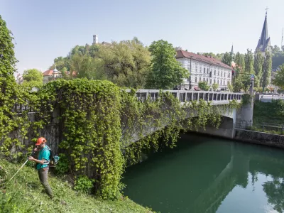 - 20.04.2016 - Simbolična fotografija - &Scaron;entjakobski most - ko&scaron;enje trave ob Ljubljanici - delo - či&scaron;čenje - ko&scaron;nja -   ..//FOTO: Maja Marko  