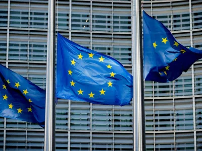 FILE PHOTO: European&nbsp;Union&nbsp;flags fly outside the&nbsp;European&nbsp;Commission headquarters in Brussels, Belgium, March 1, 2023. REUTERS/Johanna Geron//File Photo